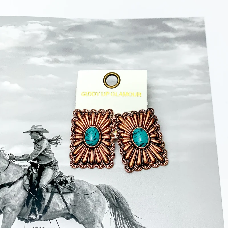 Women’s custom earrings-Western Flare Copper Tone Rectangle Earrings With Stone in Turquoise