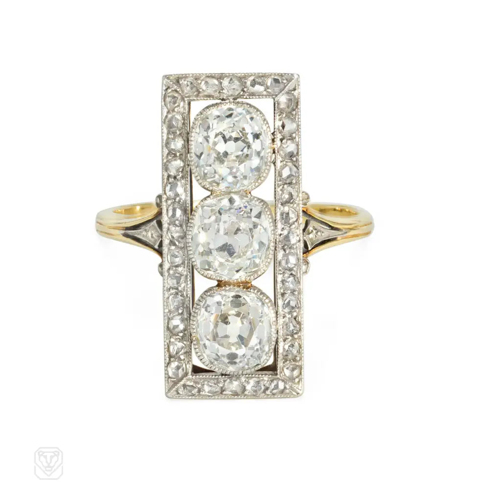 Women’s sterling silver rings-Antique three-stone diamond, platinum, and gold plaque ring