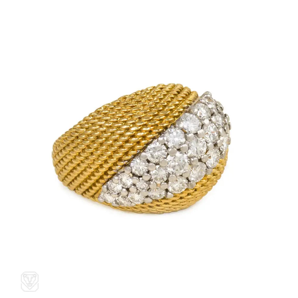 Women’s birthstone rings-A ropetwist gold and pavé diamond bombé ring