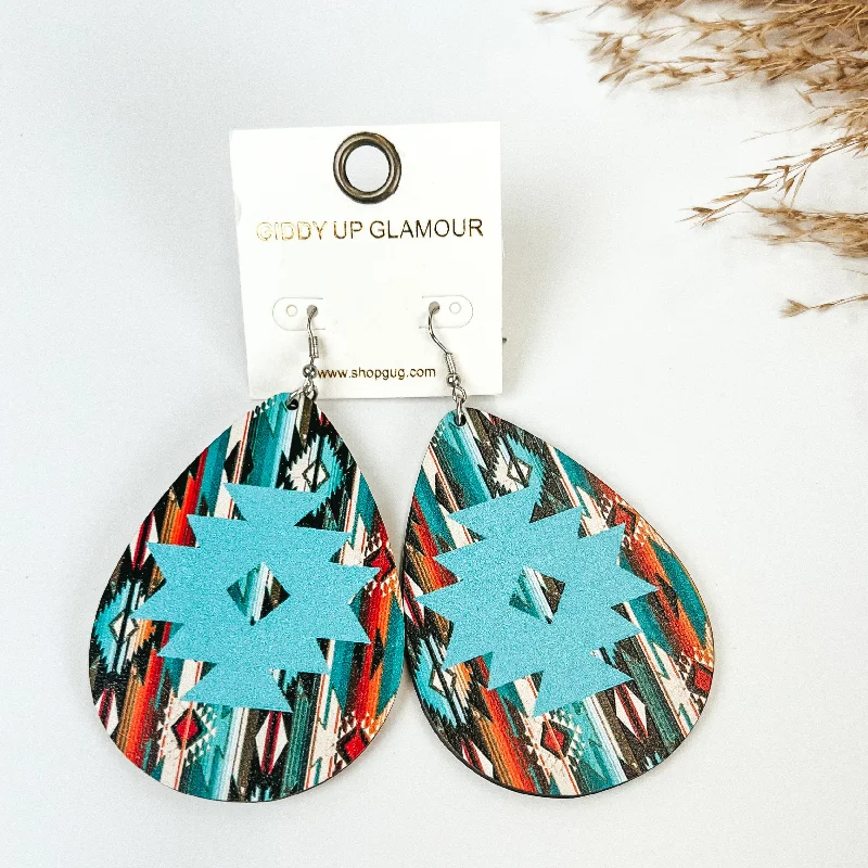 Women’s beaded earrings-Wooden Serape Teardrop Earrings with Aztec Print in Blue Multicolor