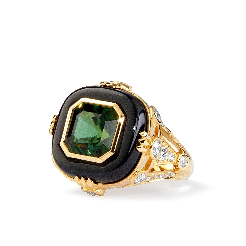 Women’s vintage gold rings-Green Tourmaline Black Onyx Ring