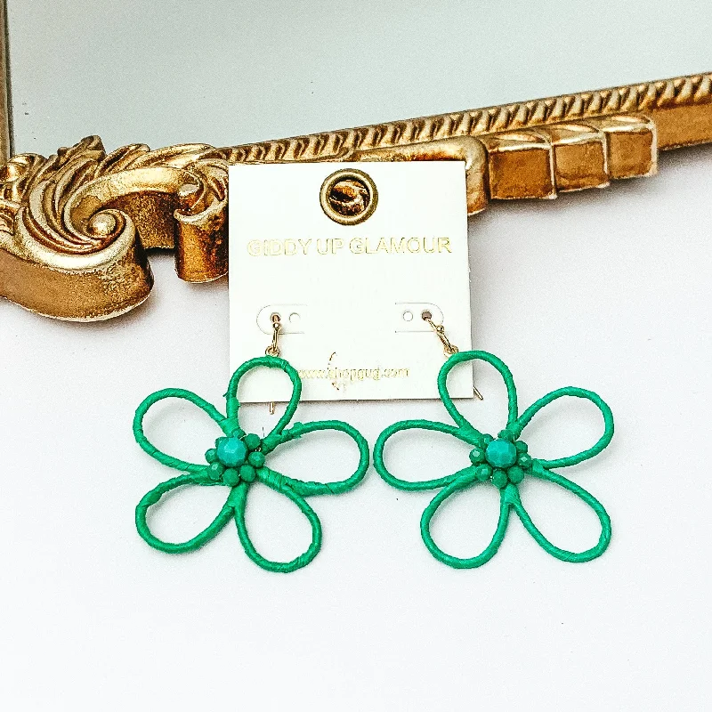 Women’s artistic gold earrings-Daisy Delight Raffia Wrapped Flower Earrings with Crystal Center in Kelly Green