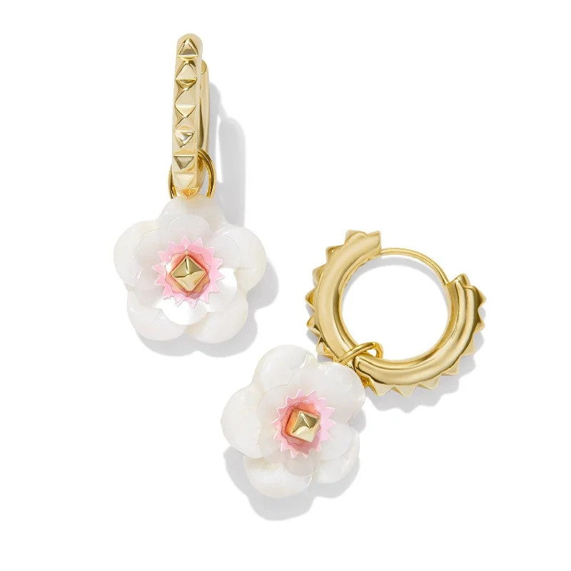 Women’s trendy earrings-Kendra Scott | Deliah Gold Huggie Earrings in Iridescent Pink and White Mix