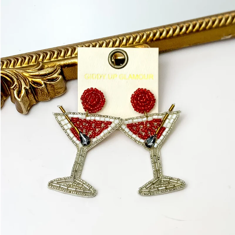 Women’s round earrings-Beaded Martini Earrings in Red