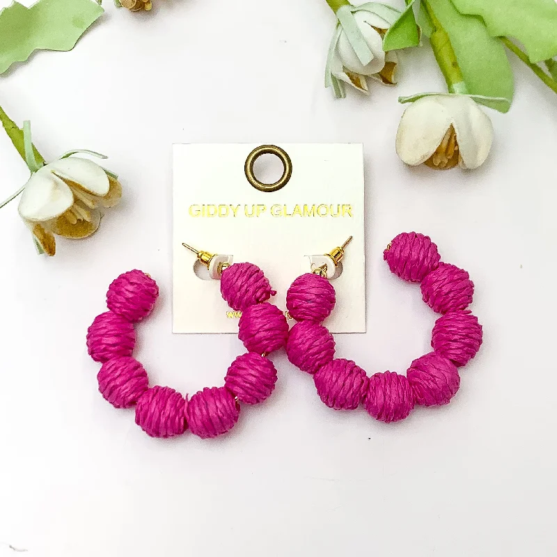 Women’s crystal earrings-Sorbet Summer Raffia Ball Hoop Earrings in Hot Pink