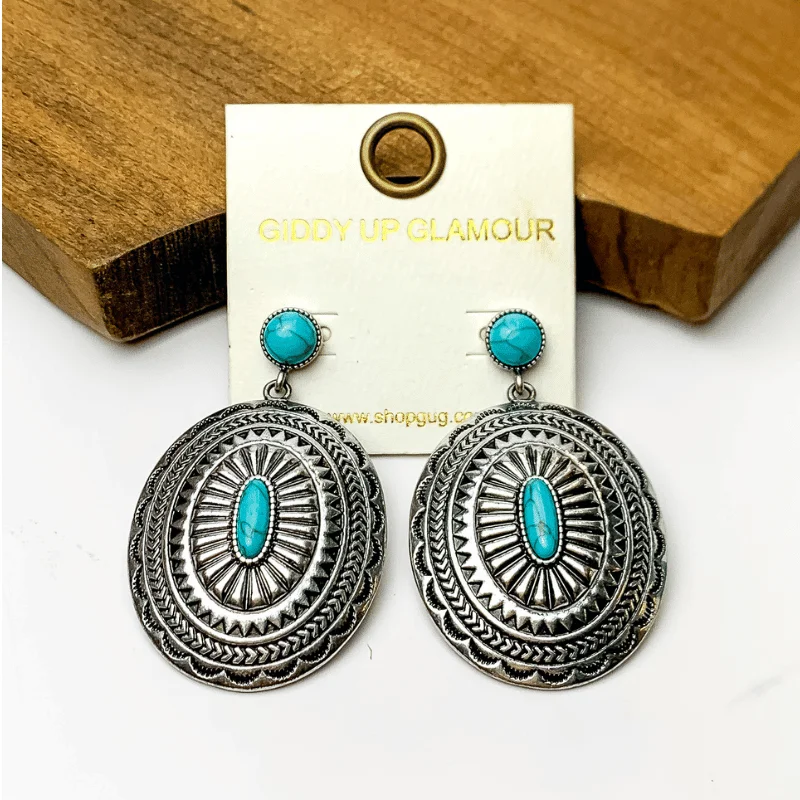 Women’s trendy earrings-Silver Tone Patterned Earrings with Turquoise Marble Accents