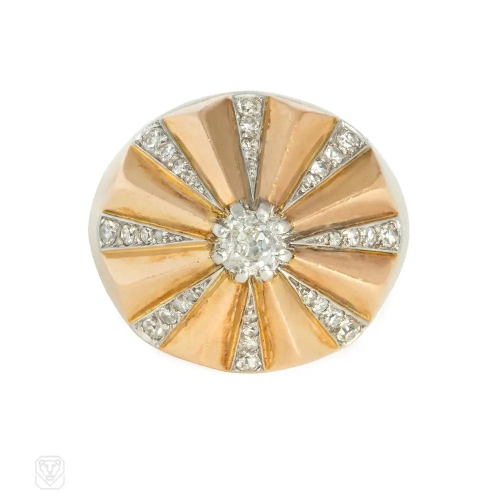 Women’s statement rings-Retro French gold and diamond radiating cocktail ring