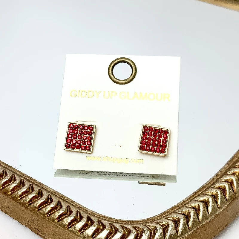 Women’s stylish hoop earrings-Square Maroon Crystal Stud Earrings in Gold Tone