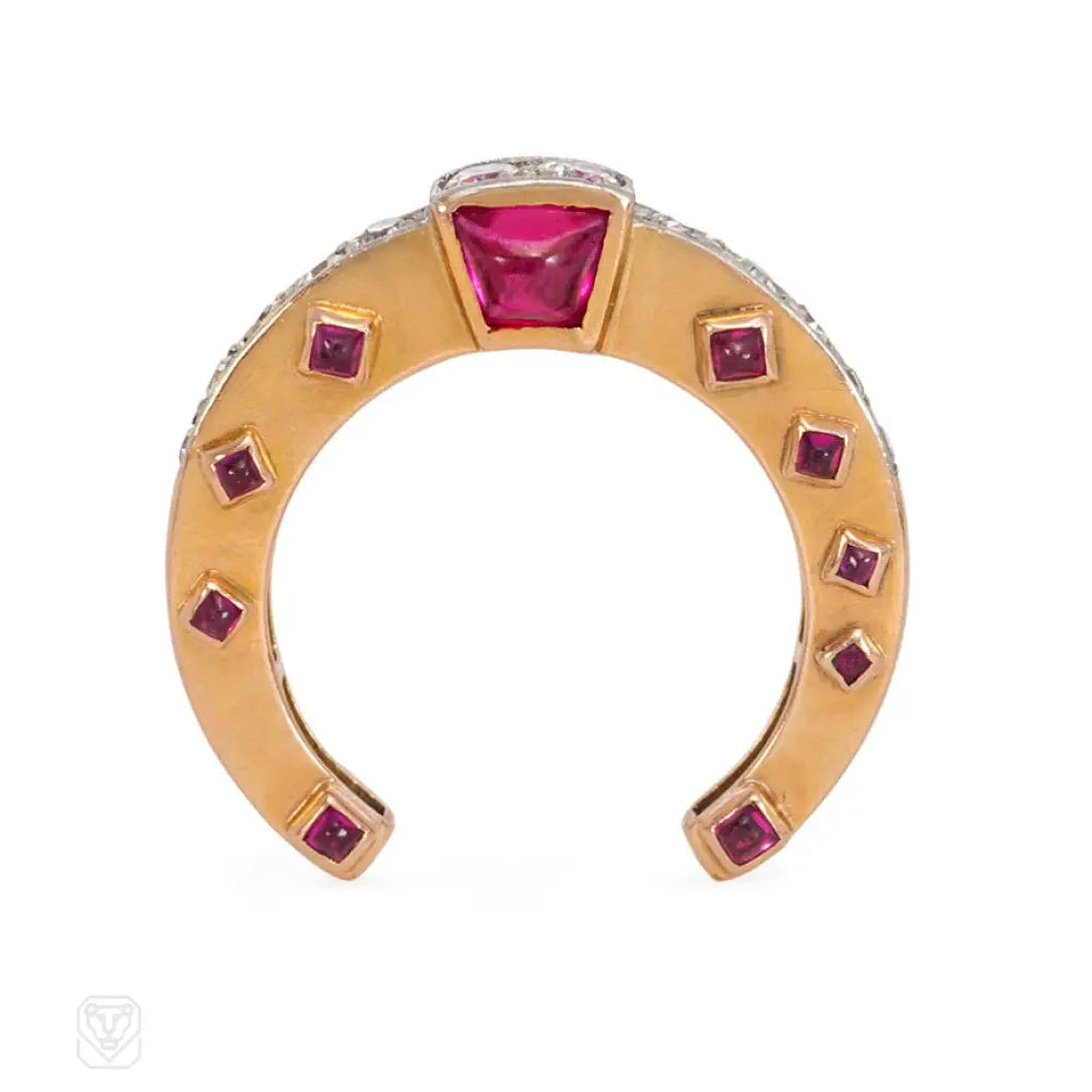 Women’s vintage gold rings-Retro ruby and diamond horseshoe ring