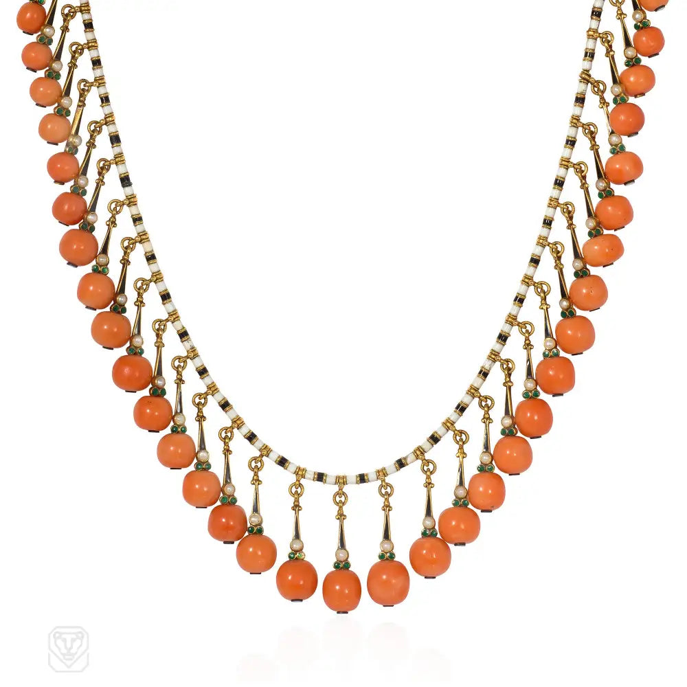 Women’s wedding band rings-Antique Giuliano coral and pearl fringe necklace with cross pendant en suite