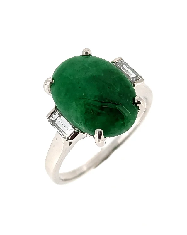 Women’s unique gemstone rings-Vintage Untreated Jadeite Jade Ring W/Diamond Accents