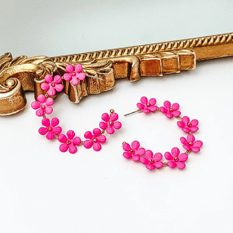 Women’s stylish hoop earrings-Market Flowers Gold Tone Hoop Earrings with Flower Charms in Hot Pink