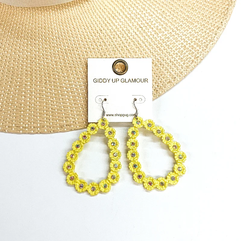 Women’s geometric earrings-Flower Detailed Open Teardrop Earrings with AB Crystals in Neon Yellow