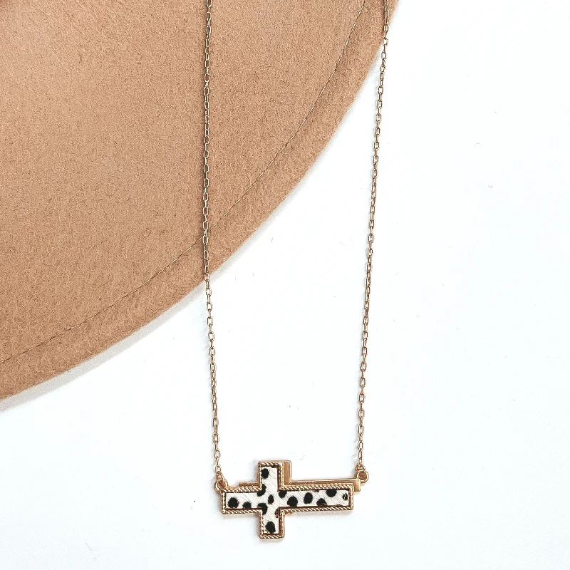 Women’s diamond stud earrings-Lovely Dream Gold Cross Pendant Necklace with Faux Hide Inlay in Dotted Print