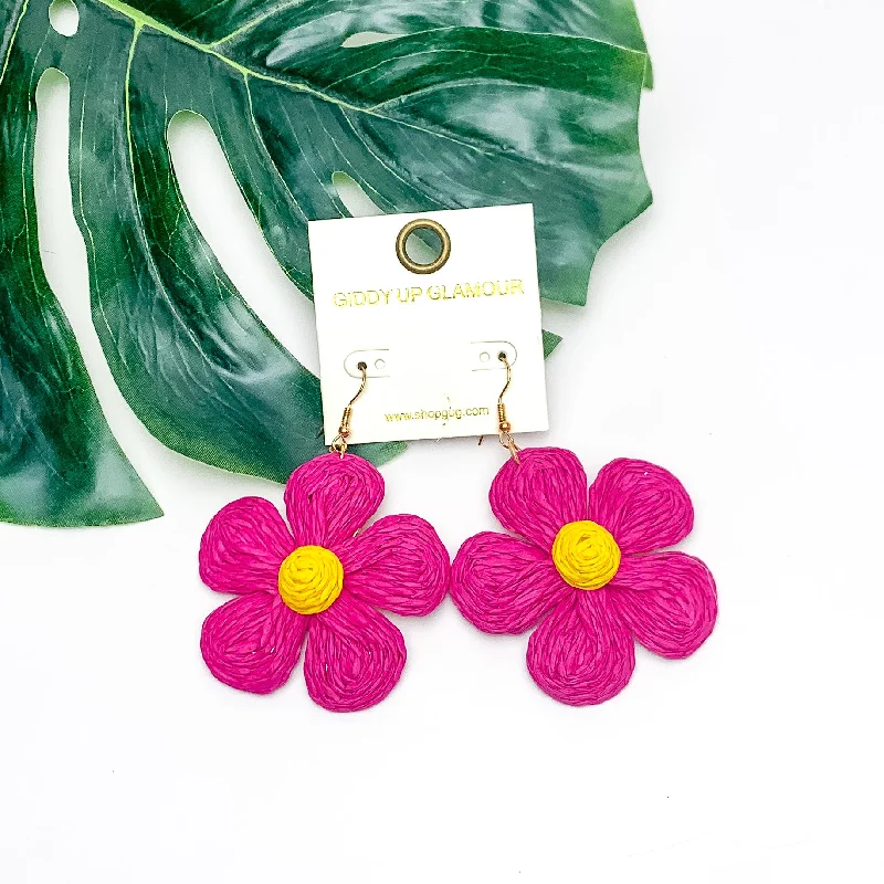 Women’s classic drop earrings-Darling Daisy Raffia Wrapped Flower Earrings in Hot Pink