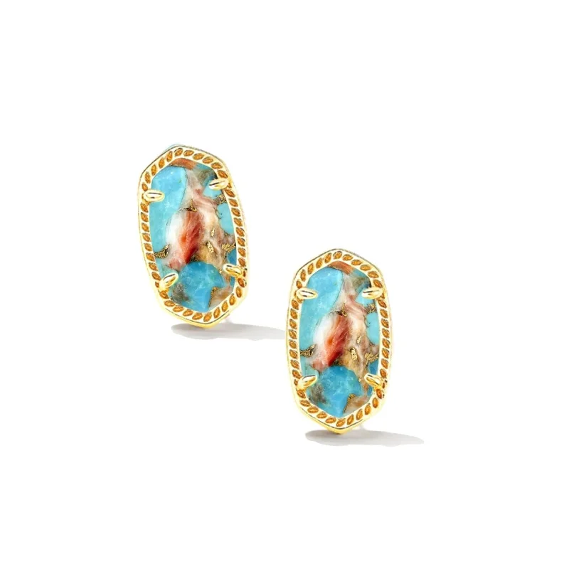 Women’s geometric earrings-Kendra Scott | Ellie Gold Stud Earrings in Bronze Veined Turquoise Red Oyster