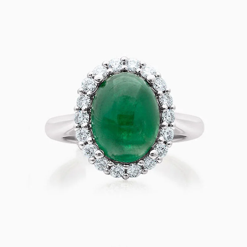 Women’s leaf rings-Emerald Cabochon Halo Ring