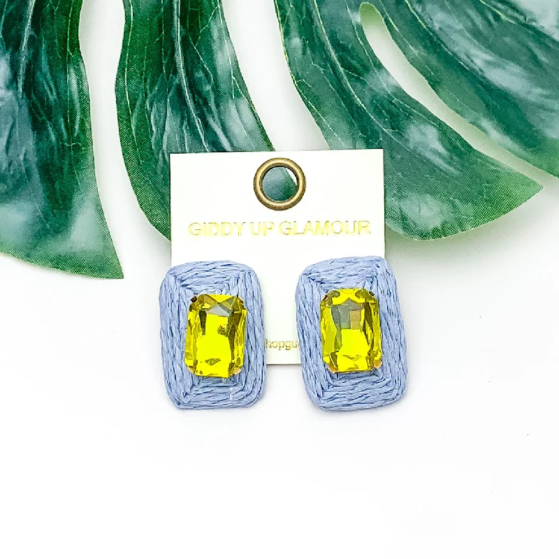 Women’s luxury earrings-Truly Tropical Raffia Rectangle Earrings in Periwinkle Blue With Yellow Crystal