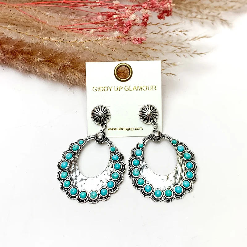 Women’s silver drop earrings-Western Open Silver Tone Earrings With Turquoise Stones