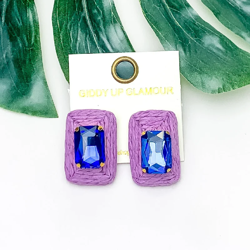 Women’s luxury diamond earrings-Truly Tropical Raffia Rectangle Earrings in Purple With Blue Crystal