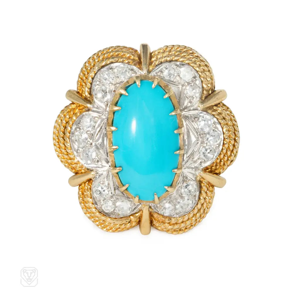 Women’s designer rings-Turquoise and diamond scalloped cocktail ring