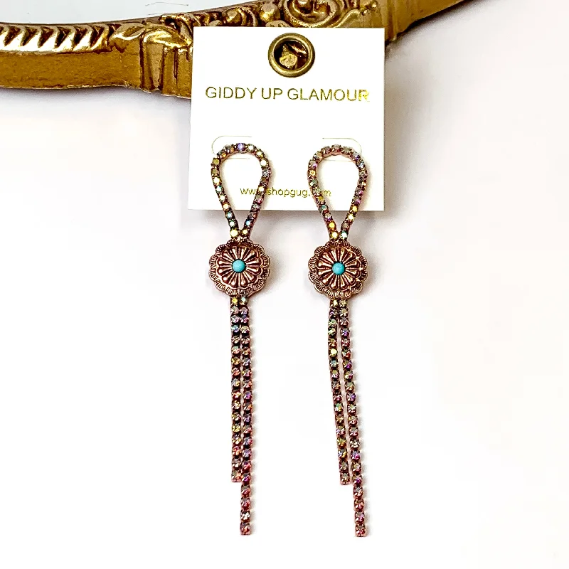 Women’s long earrings-AB Crystal Bolo Tie Tassel Earrings with Circle Concho in Copper Tone