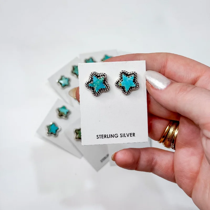 Women’s emerald earrings-Hada Collection | Handmade Sterling Silver Star Shaped Stud Earrings with Kingman Turquoise Stones