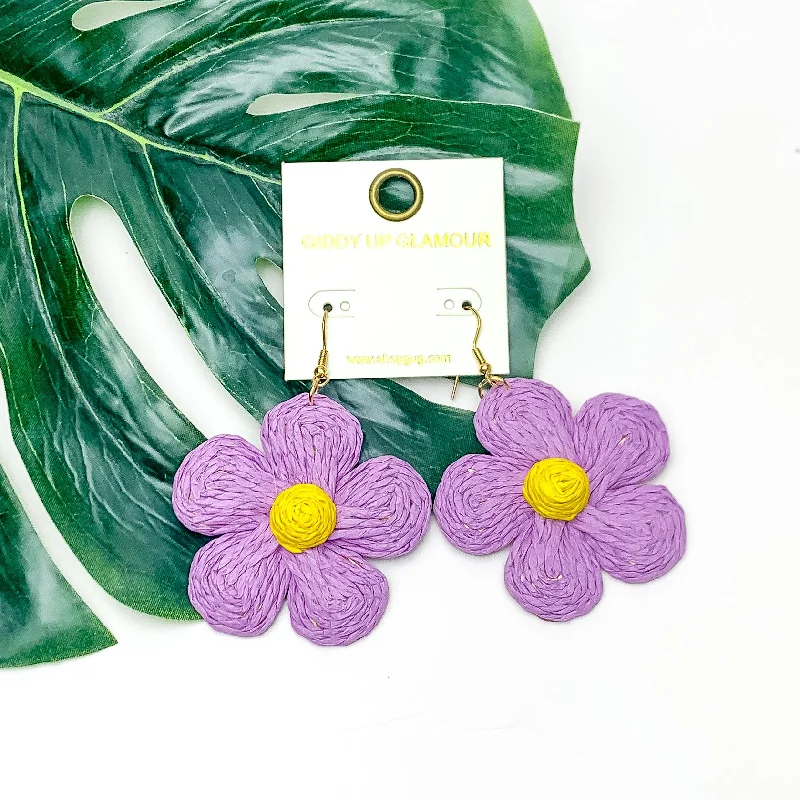 Women’s classic hoop earrings-Darling Daisy Raffia Wrapped Flower Earrings in Purple