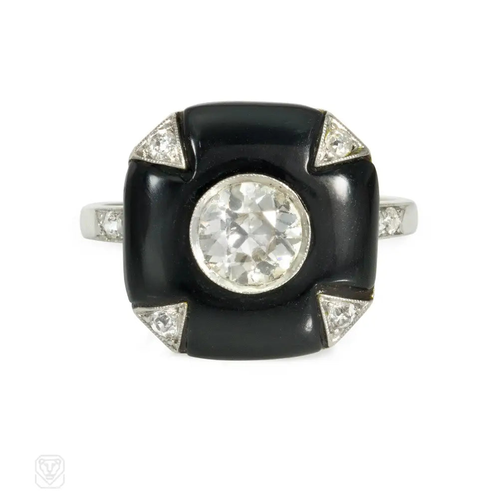 Women’s bold statement rings-French Art Deco onyx and diamond plaque ring