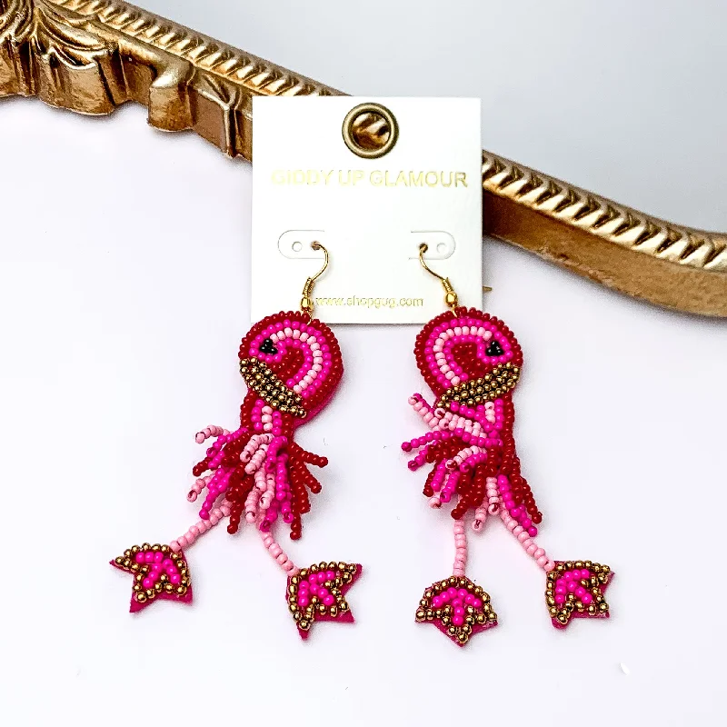 Women’s handmade earrings-Pink Beaded Flamingo Earrings with Gold Detail