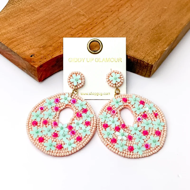 Women’s chic earrings-Baby Pink Beaded Circular Drop Earrings with Floral Designs