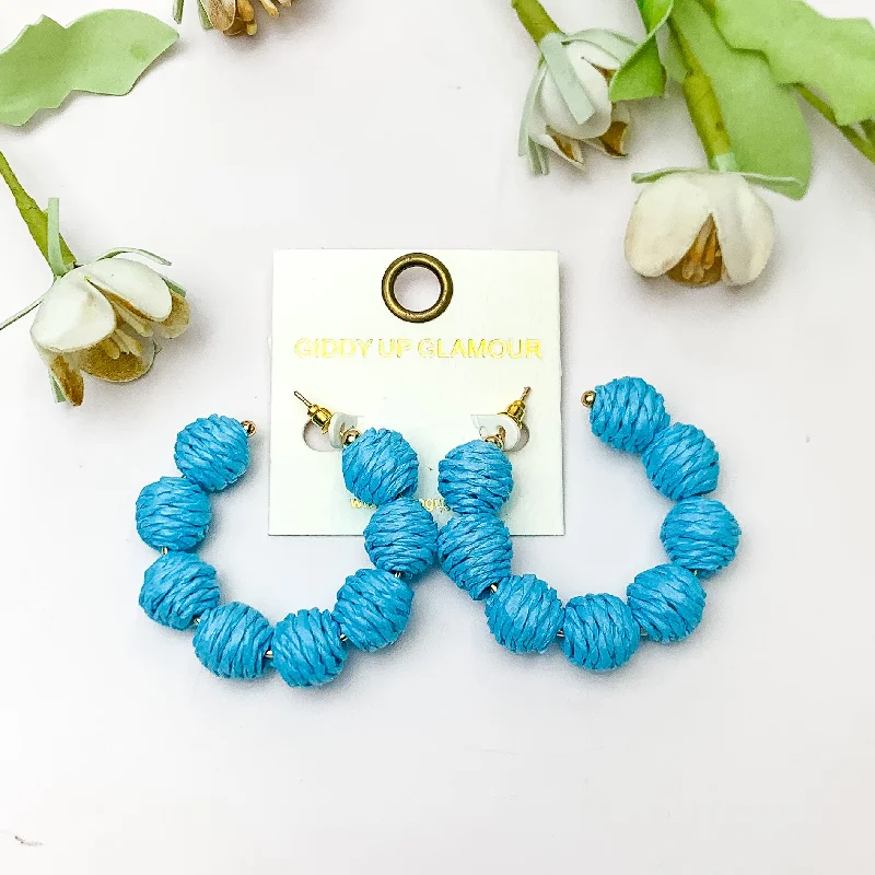 Women’s heart earrings-Sorbet Summer Raffia Ball Hoop Earrings in Blue