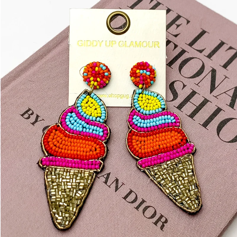 Women’s hoop earrings-Multi-Color Beaded Ice Cream Cone Earrings in Gold Tone