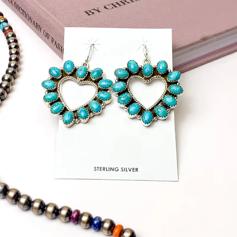 Women’s floral earrings-Hada Collection | Handmade Sterling Silver Open Heart Shaped Kingman Turquoise Drop Earrings