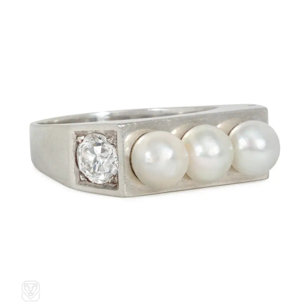 Women’s geometric rings-Art Moderne diamond and natural pearl ring