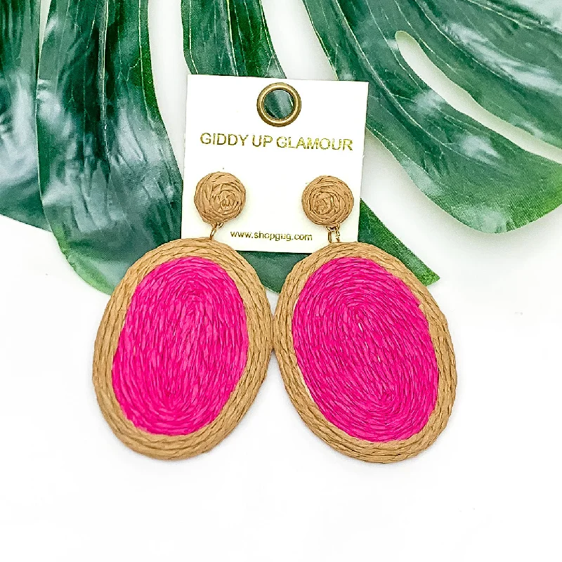 Women’s custom-designed earrings-Brunch Bash Raffia Wrapped Oval Earrings in Hot Pink