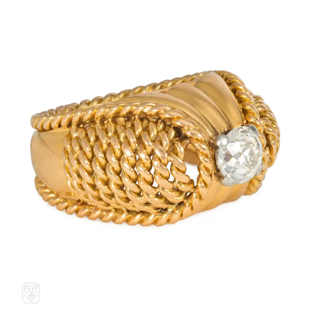 Women’s simple solitaire rings-Retro rope twist gold and diamond cocktail ring