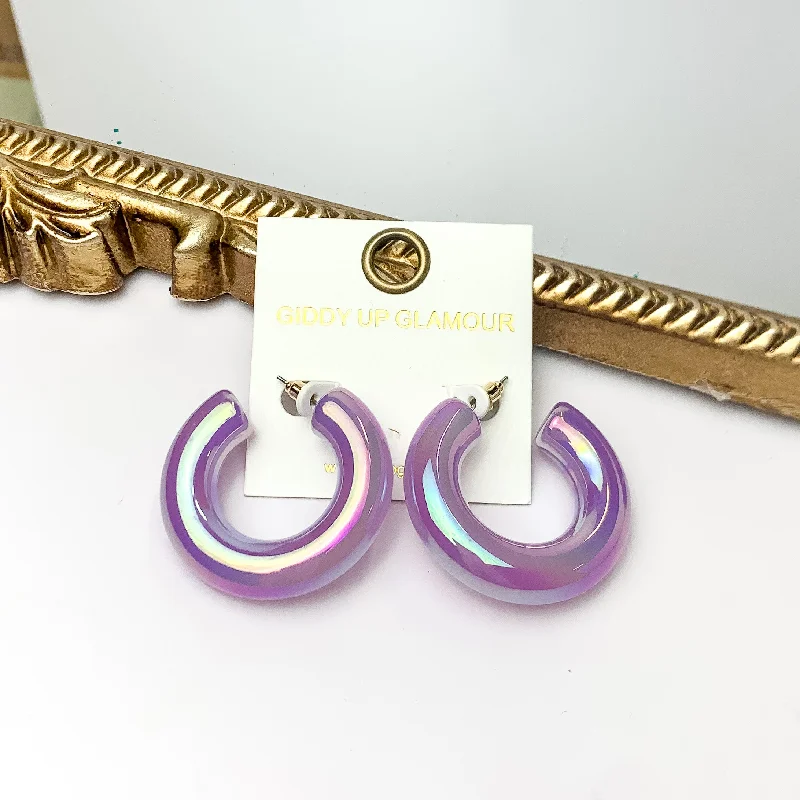 Women’s infinity earrings-Rainbow Hour Iridescent Chunky Hoop Earrings in Purple