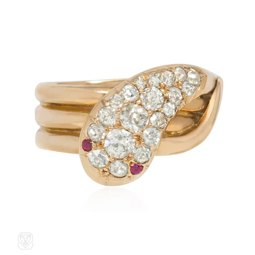 Women’s natural stone rings-Antique pavé diamond and gold snake ring