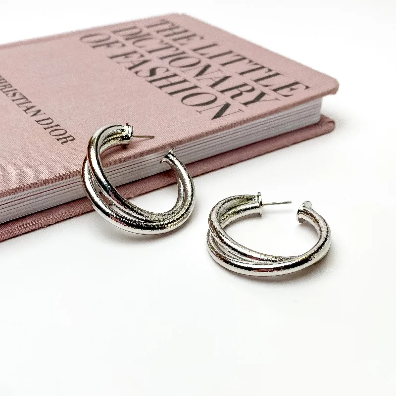 Women’s charm earrings-Twisted Hoop Earrings in Textured Silver Tone