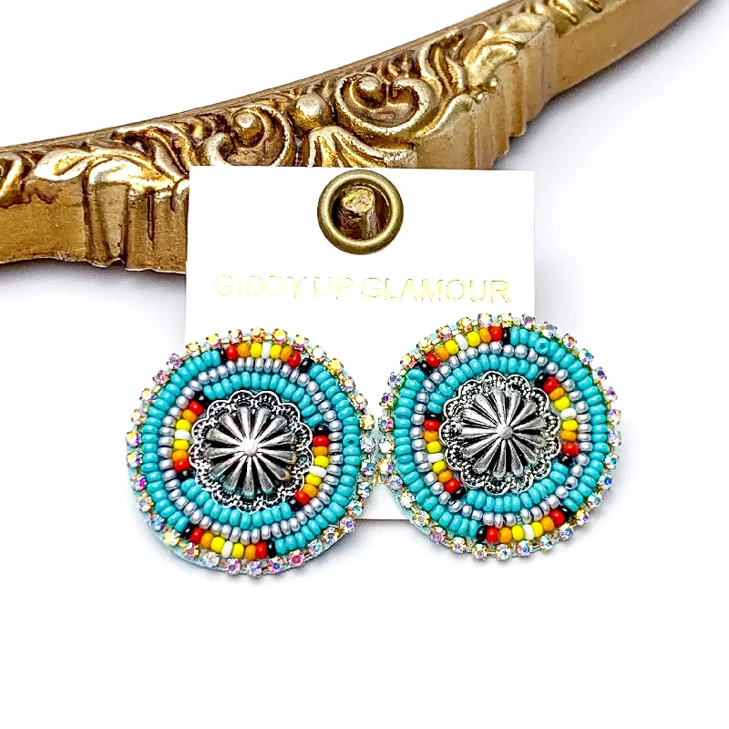 Women’s minimalist earrings-Frontier Flair Concho Seed Beaded Stud Earrings in Turquoise