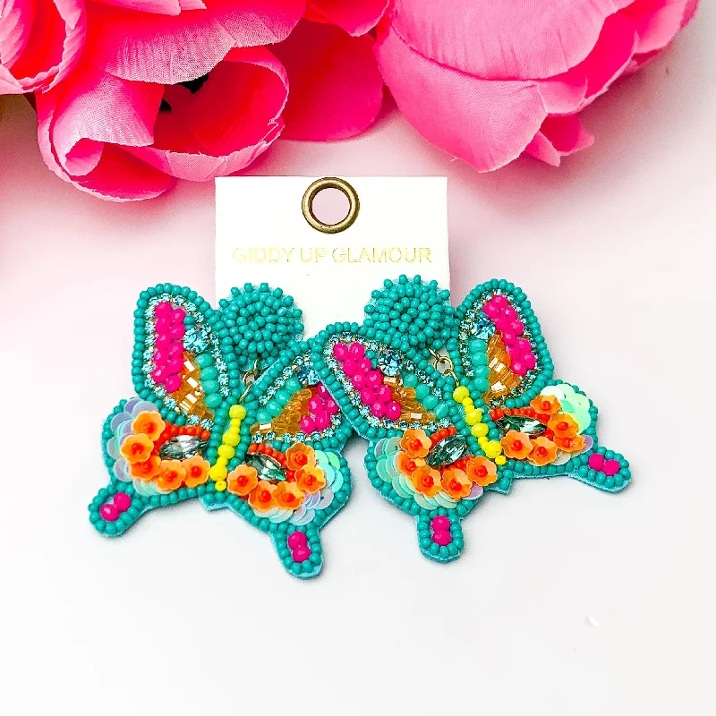 Women’s sapphire earrings-Beaded Summertime Butterfly Earrings in Teal, Pink, and Orange