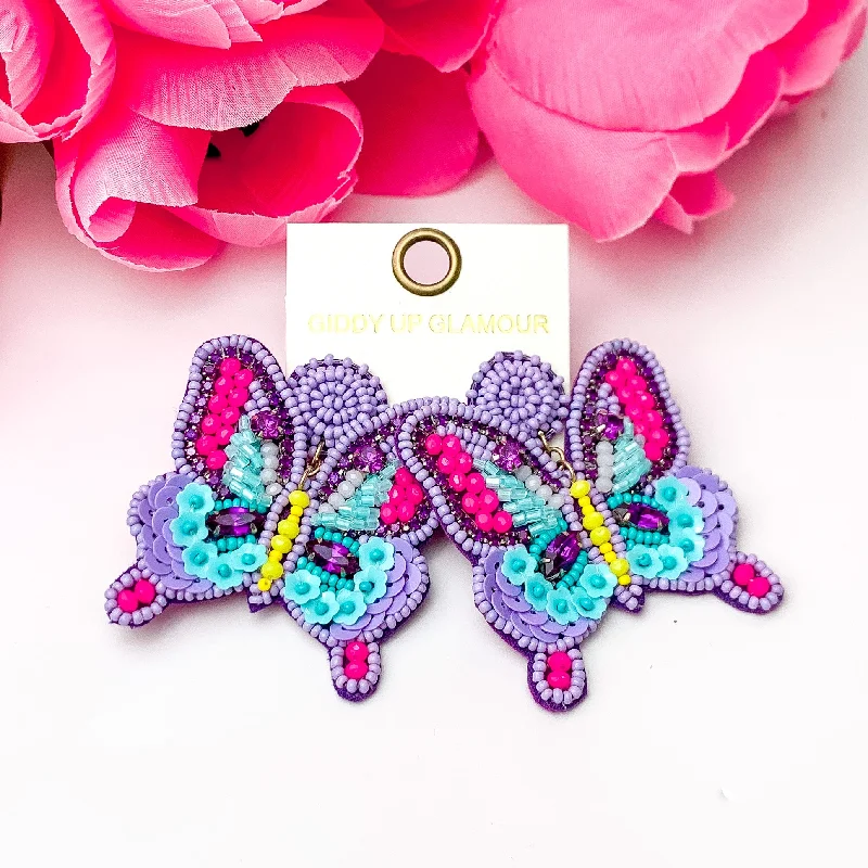 Women’s statement hoop earrings-Beaded Summertime Butterfly Earrings in Purple, Blue, and Pink