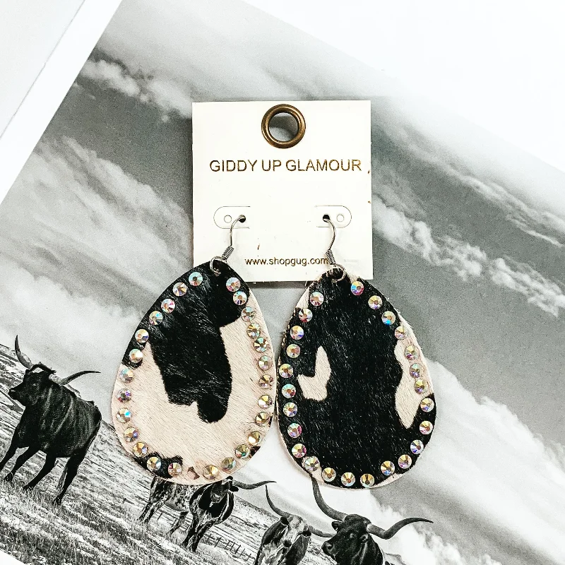 Women’s bohemian earrings-Faux Cowhide Teardrop Earrings with AB Crystal Outline in White and Black Cow Print