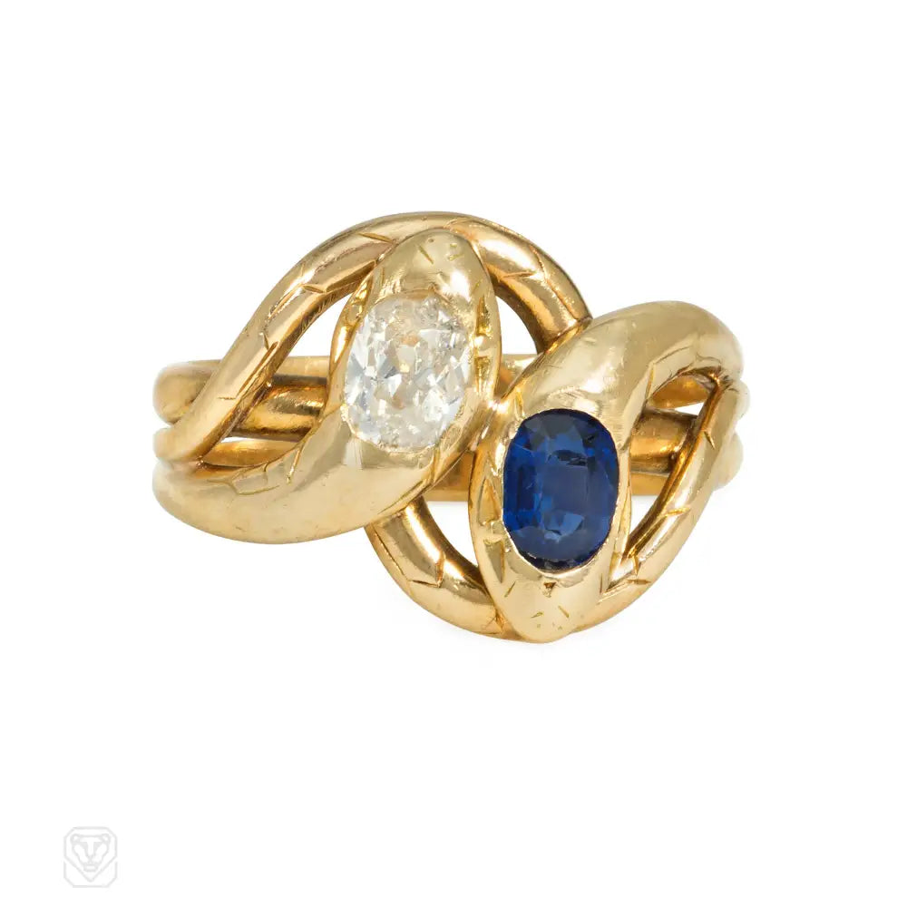 Women’s chic rings-Antique French diamond and sapphire double snake ring