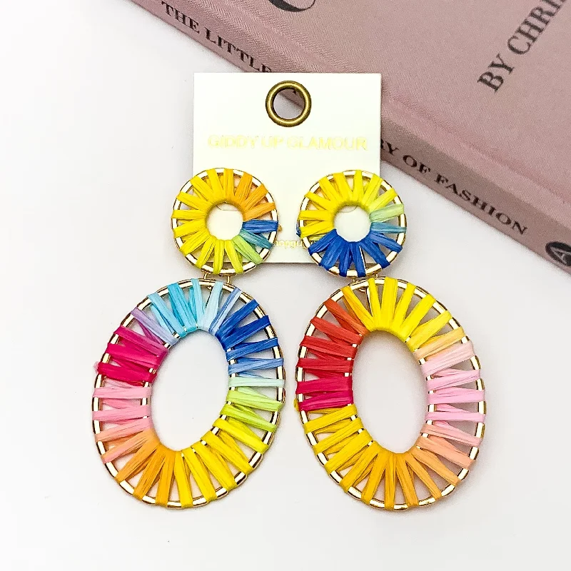 Women’s fashion earrings-Rainbow Sunshine Raffia Wrapped Open Oval Earrings in Multicolor