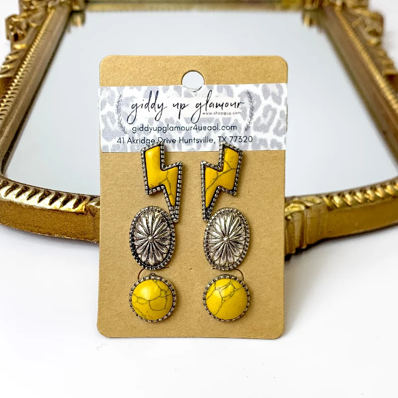 Women’s wedding earrings-Set Of Three | Lightning Bolt and Concho Stud Set in Mustard Yellow