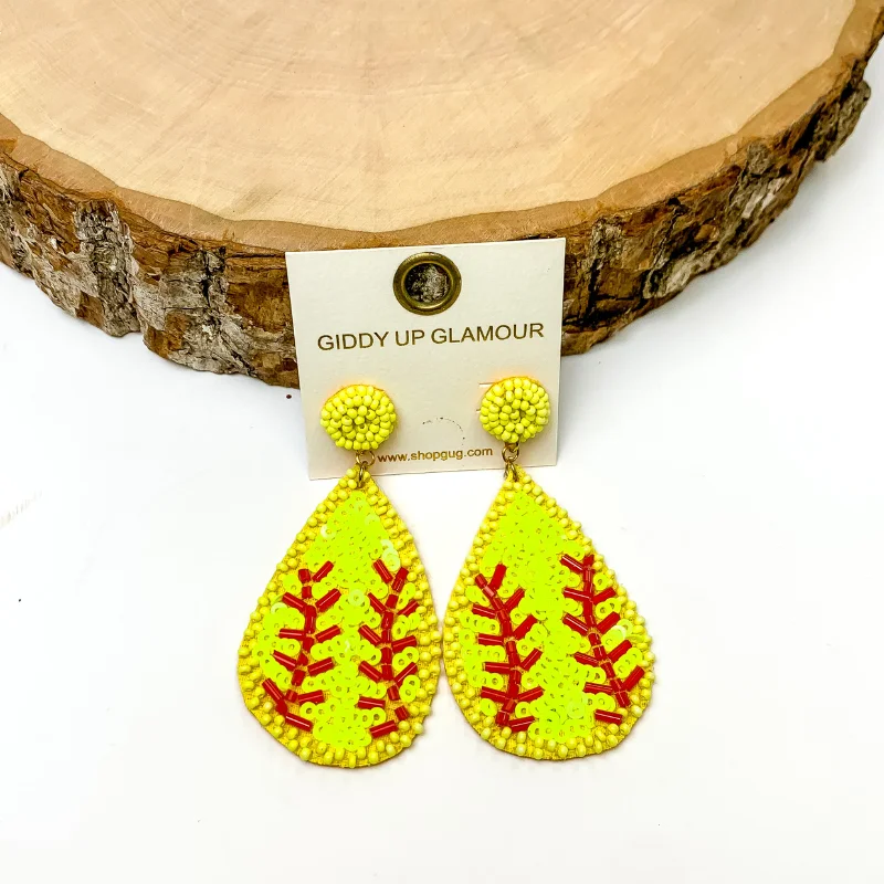 Women’s halo earrings-Sequin Teardrop Softball Earrings in Yellow