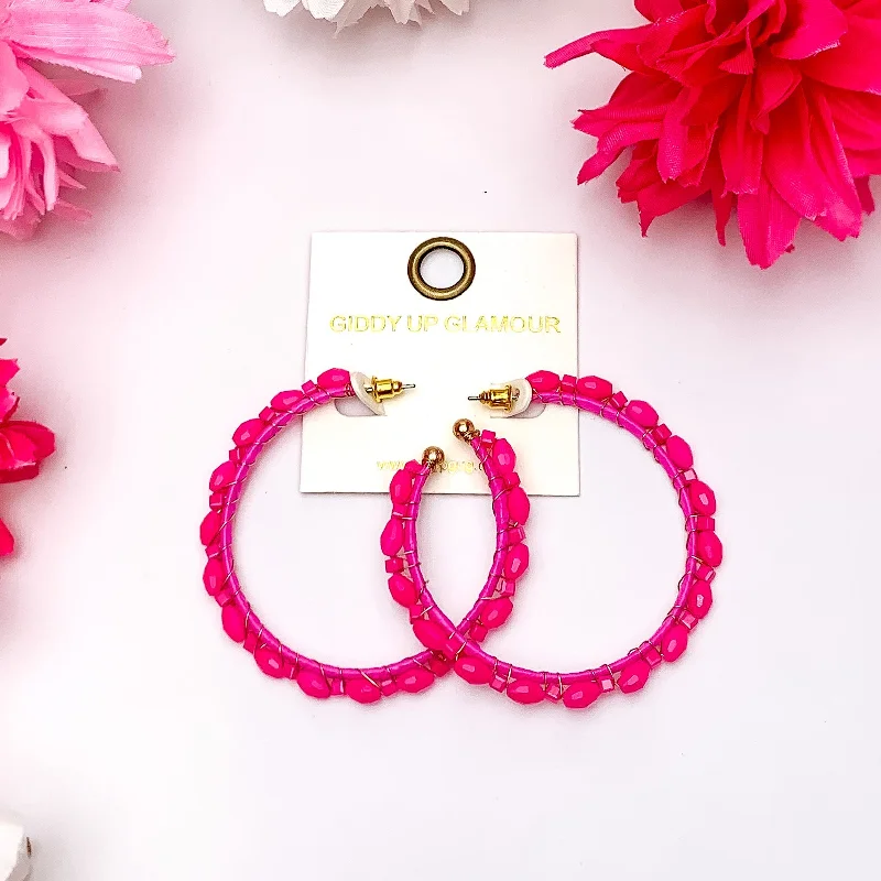 Women’s vintage-inspired earrings-Large Hoop Earrings Outlined with Crystals in Hot Pink