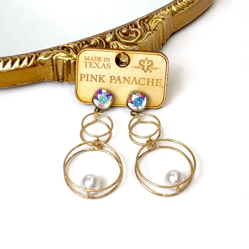 Women’s wedding earrings for bride-Pink Panache | Double Trouble Circle Drop Earrings with AB Cushion Cut Posts and Pearl Accents